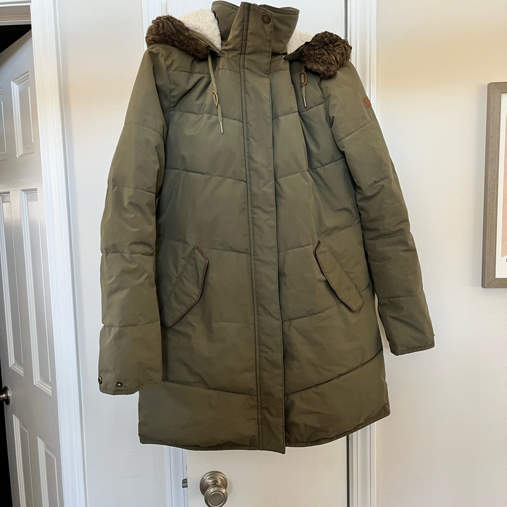 Olive Green Puffer Coat with Faux Fur Hood